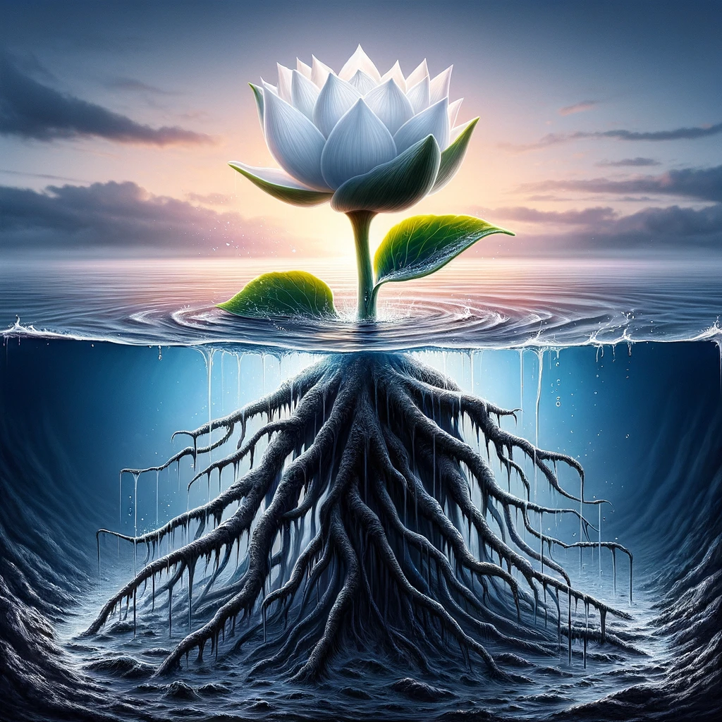 This lotus symbolizes the integration of the darkness and the light. The pure and pristine lotus is always while living rooted in the darkness, the mud, the fertile dank depths.